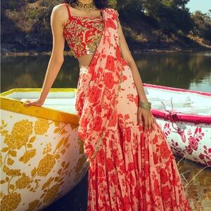 Paulmi and Harsh pre draped sharara saree